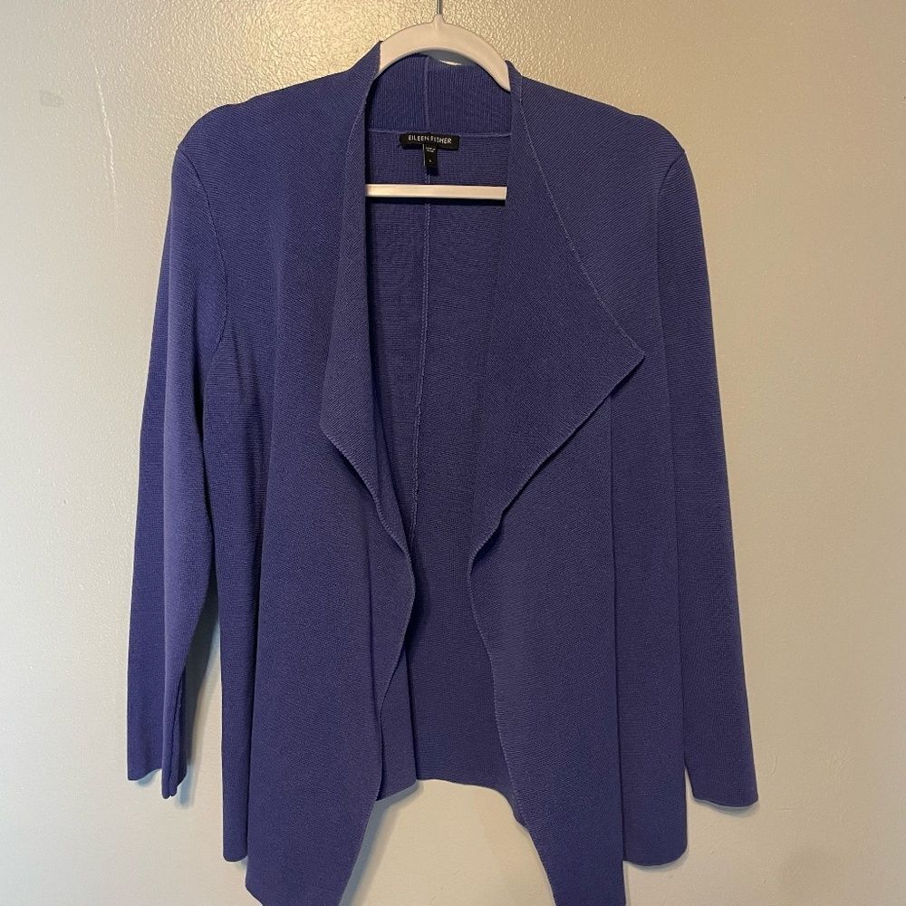 Eileen Fisher Purple Silk Open Front Cardigan Sweater Drape Front Cascade Jacket